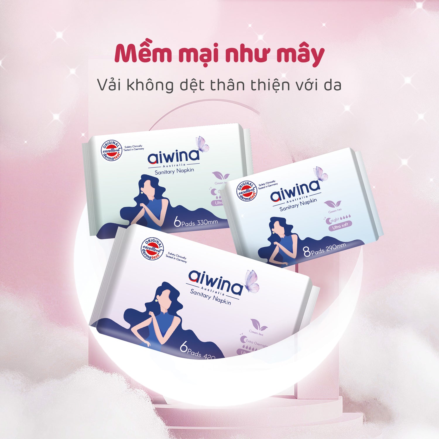 Băng Vệ Sinh AIWINA Hương Trà Siêu Mềm Và Mỏng Cánh Ban Đêm 33cm